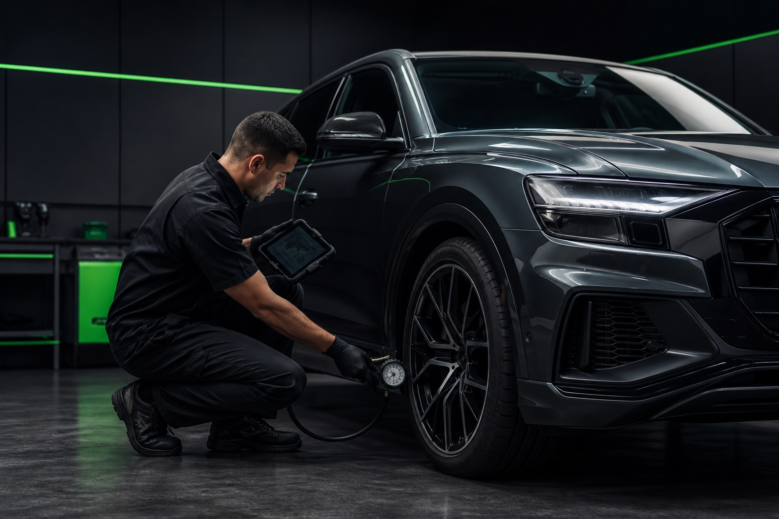 Technician performing a vehicle readiness and tire condition check